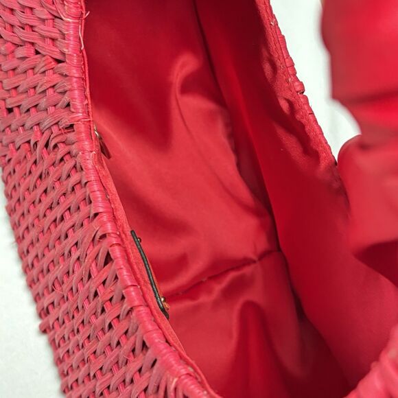 SCOOP Red Basket Handbag Round Woven Purse With Decorative Scarf - Picture 5 of 8